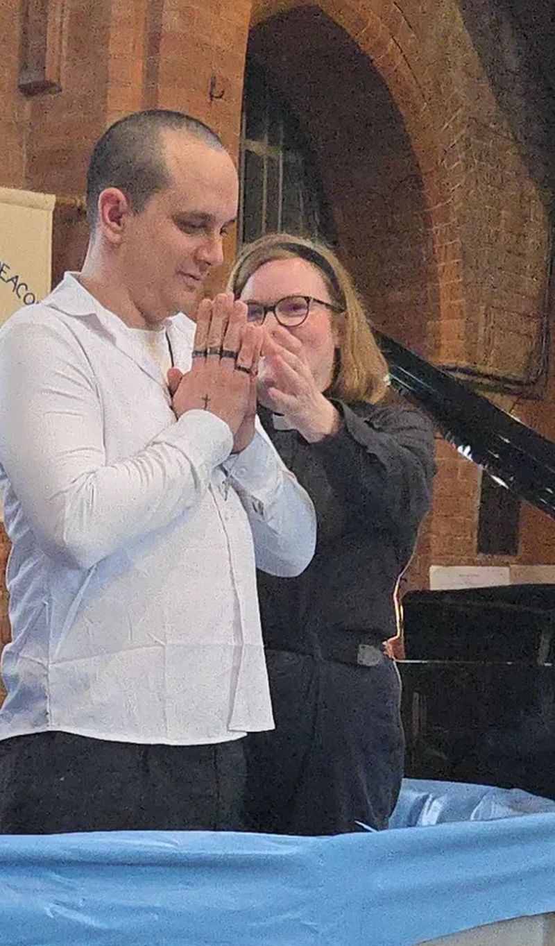 Scott at the baptism pool with Revd Lydia at St Philip the Deacon